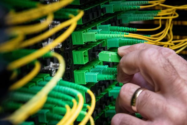 Close-up of fiber optic connectors